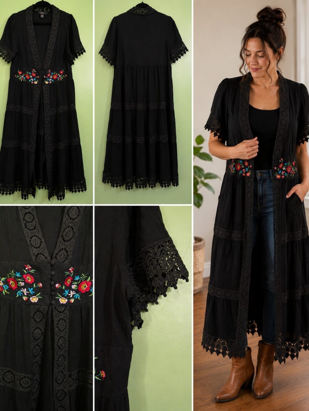 Forever 21+ Black Embroidered Lace Maxi Duster 2X Boho Romantic